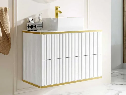 Zwevend, Geribbeld Badkamermeubel Met Goudkleurige Randen En Opzetwastafel - Wit - 80 Cm - Keliza