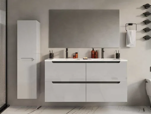 Zwevend Wastafelmeubel Met Dubbel Inbouwbekken En Kast - Wit - 120 Cm - Selita